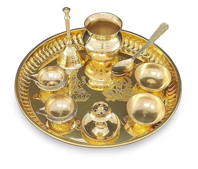 Roll over image to zoom in 2 VIDEOS BENGALEN Pooja Thali Set Brass Puja Thali Pital 8 Inch With Accessories Kuber Diya Ghanti Kalash Spoon Bowl Agarbatti Stand For Diwali Gifts Home Office Wedding Gift Items, 500 ml