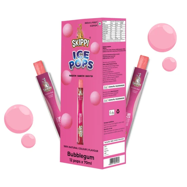 Bubble Gum Flavor Skippi Natural Ice pop, Pack of 12 Ice Pops