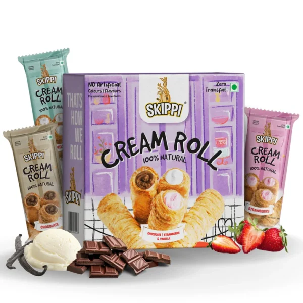 Cream Rolls Skippi,delightful assorted box of 6 rolls(180gm) 2 Vanilla,2 Chocolate & 2 Strawberry Flavor, Pack of 1